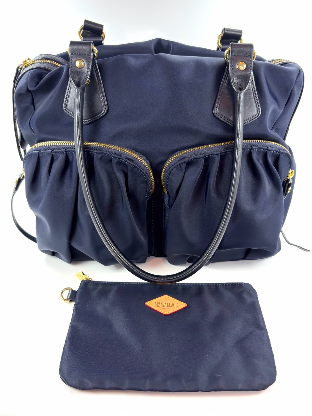 MZ Wallace Jane Bedford  Navy Nylon Satchel Multi Pocket Gold Hardware w/pouch